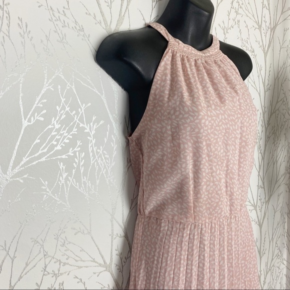 JAPNA Halter Style Fit and Flare Pleated Midi Dress Medium Pink White Vine Print - Picture 4 of 10